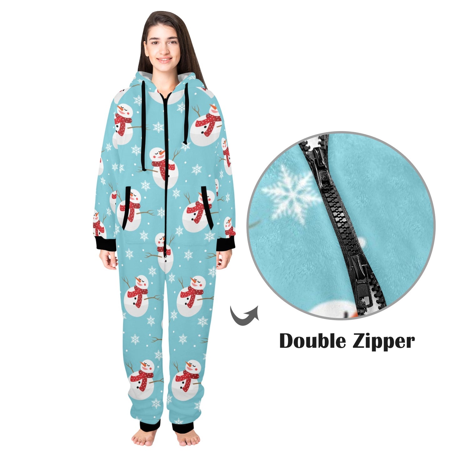 Snowman Print Design LKS304 Hooded Fleece Onesie Pajama Jumpsuit