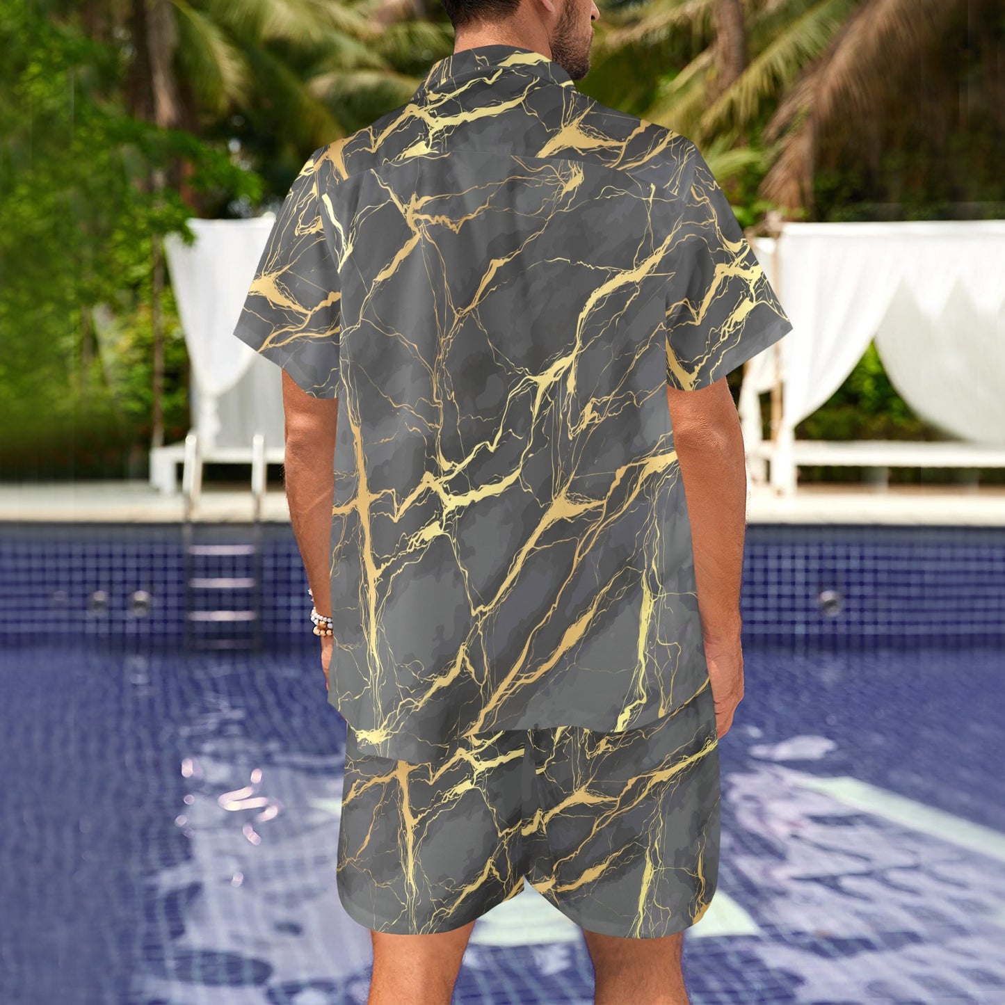 Marble Pattern Print Design 02 Men's Beach Shirt and Shorts Set