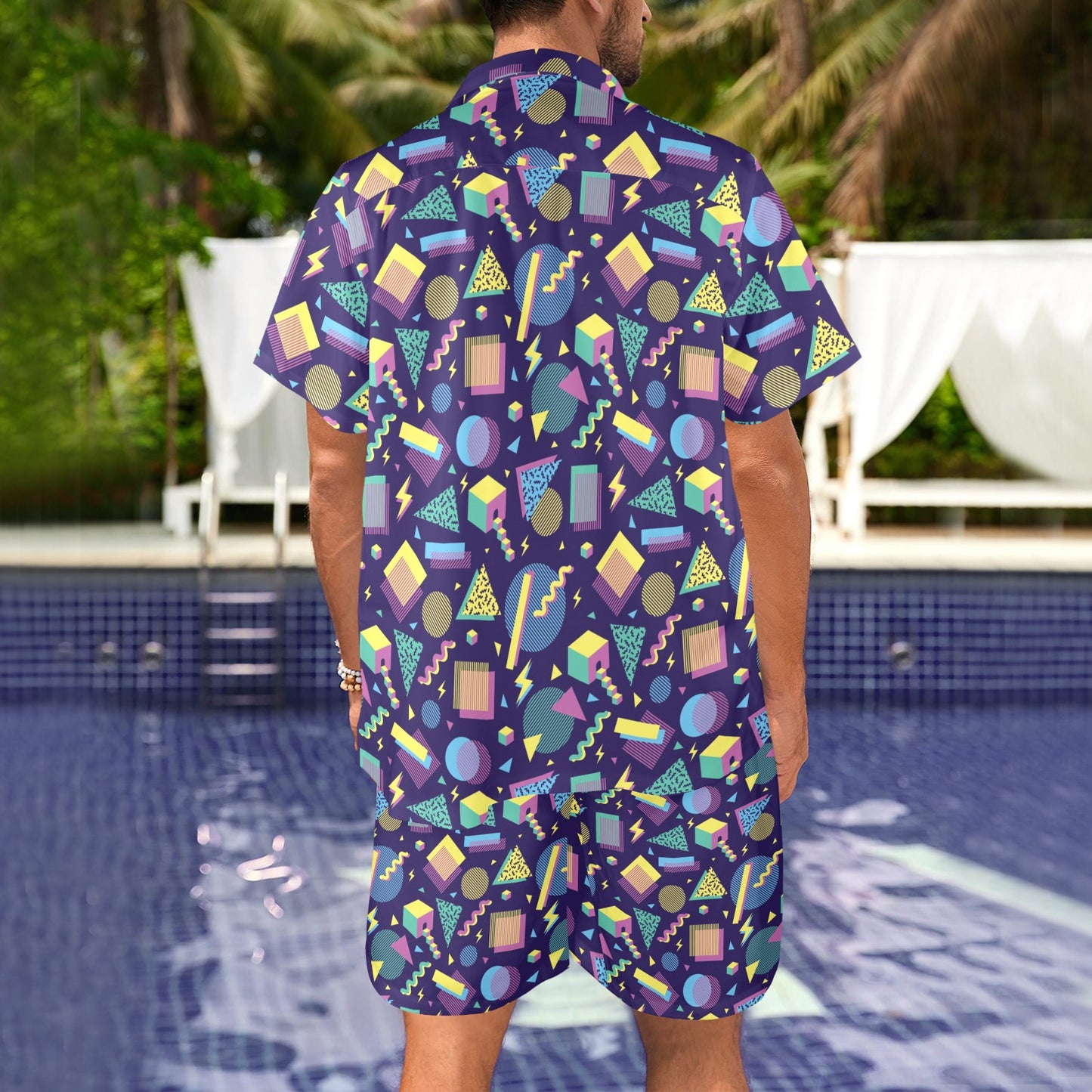 Geometric Print Design LKS401 Men's Beach Shirt and Shorts Set