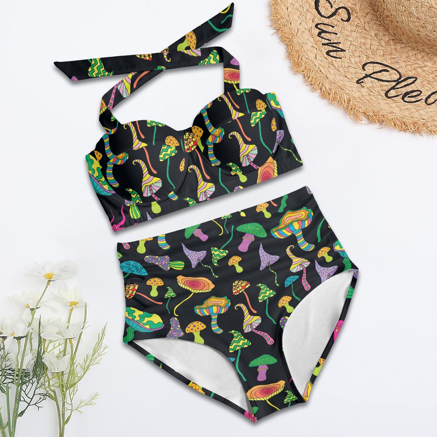 Psychedelic Mushroom Pattern Print Design A02 Halter Neck Bikini Swimsuit