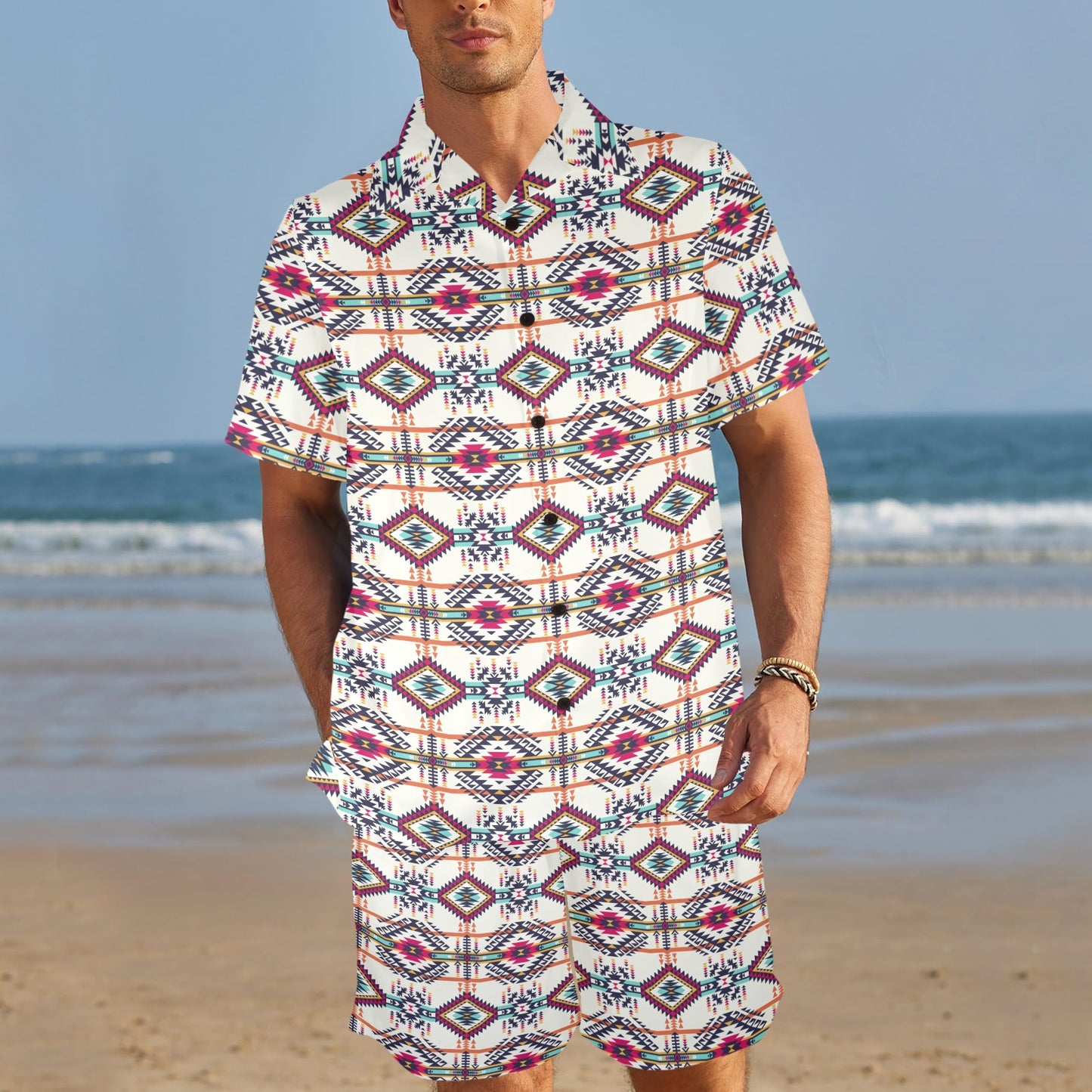 Indian Navajo Art Themed Design Print Men's Beach Shirt and Shorts Set