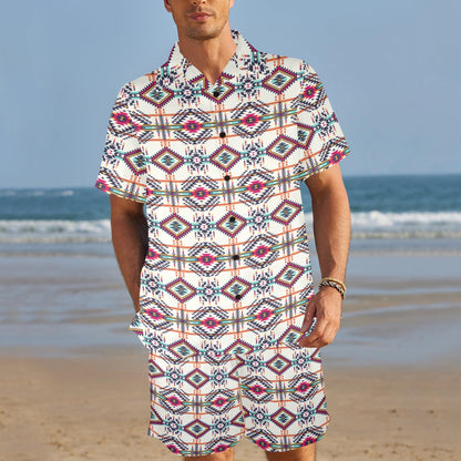 Indian Navajo Art Themed Design Print Men's Beach Shirt and Shorts Set