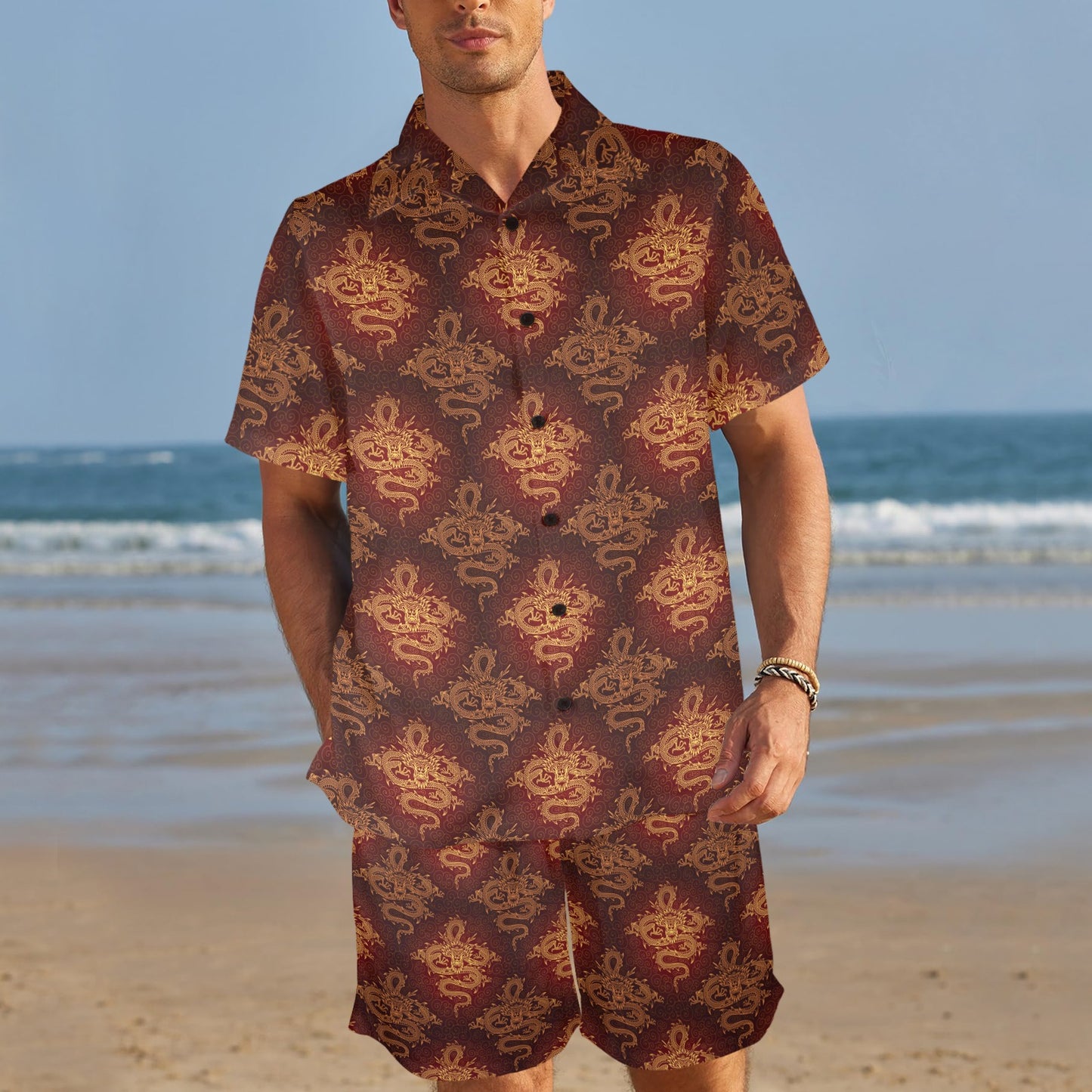 Chinese Dragons Gold Design Men's Beach Shirt and Shorts Set