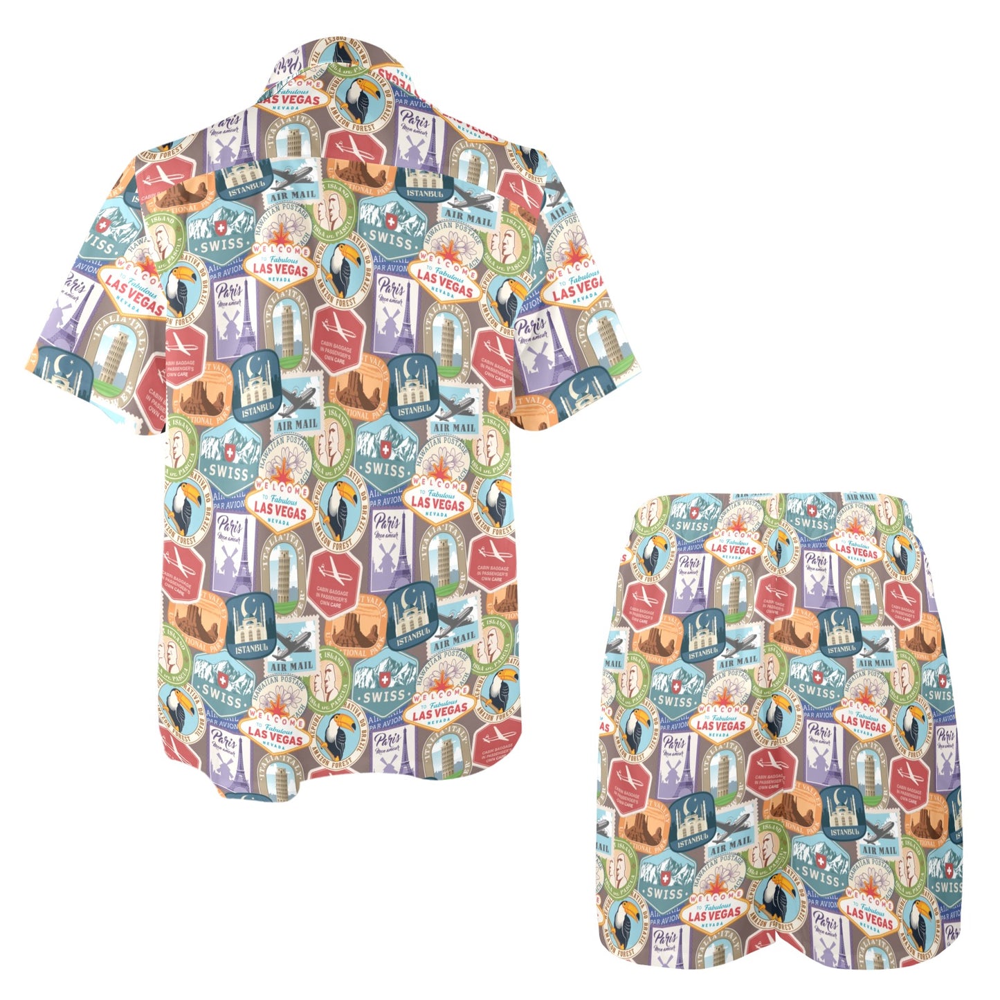 Travel Stamp Print Design LKS301 Men's Beach Shirt and Shorts Set