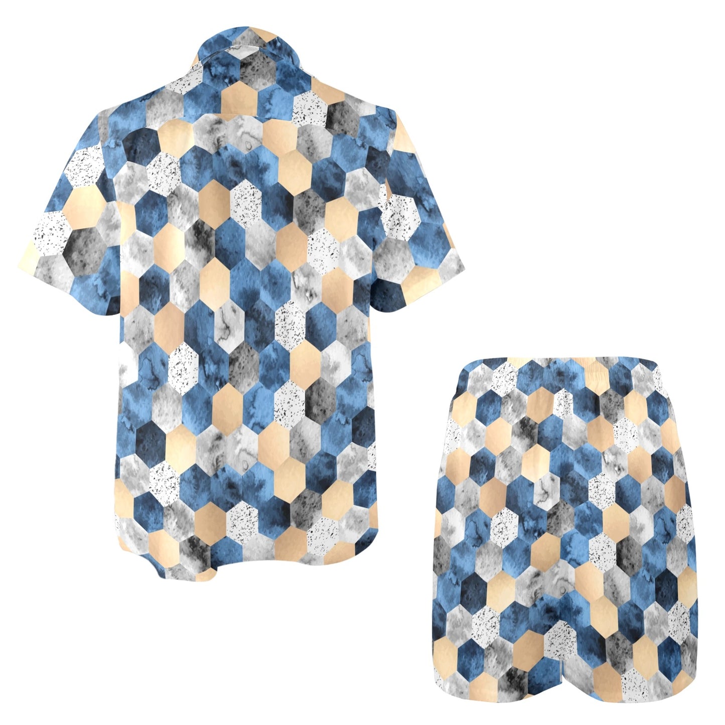Hexagonal Design Print Pattern JJ0345 Men's Beach Shirt and Shorts Set