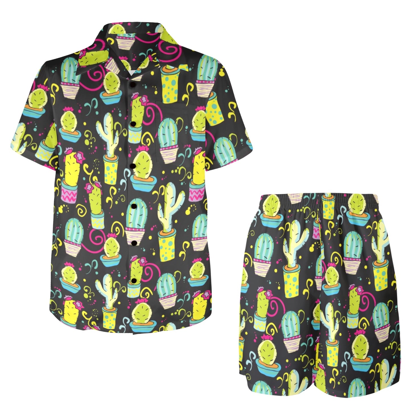 Cactus Neon Style Print Pattern Men's Beach Shirt and Shorts Set