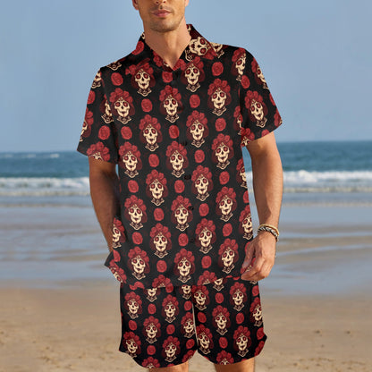 Day of the Dead Skull Girl Pattern Men's Beach Shirt and Shorts Set