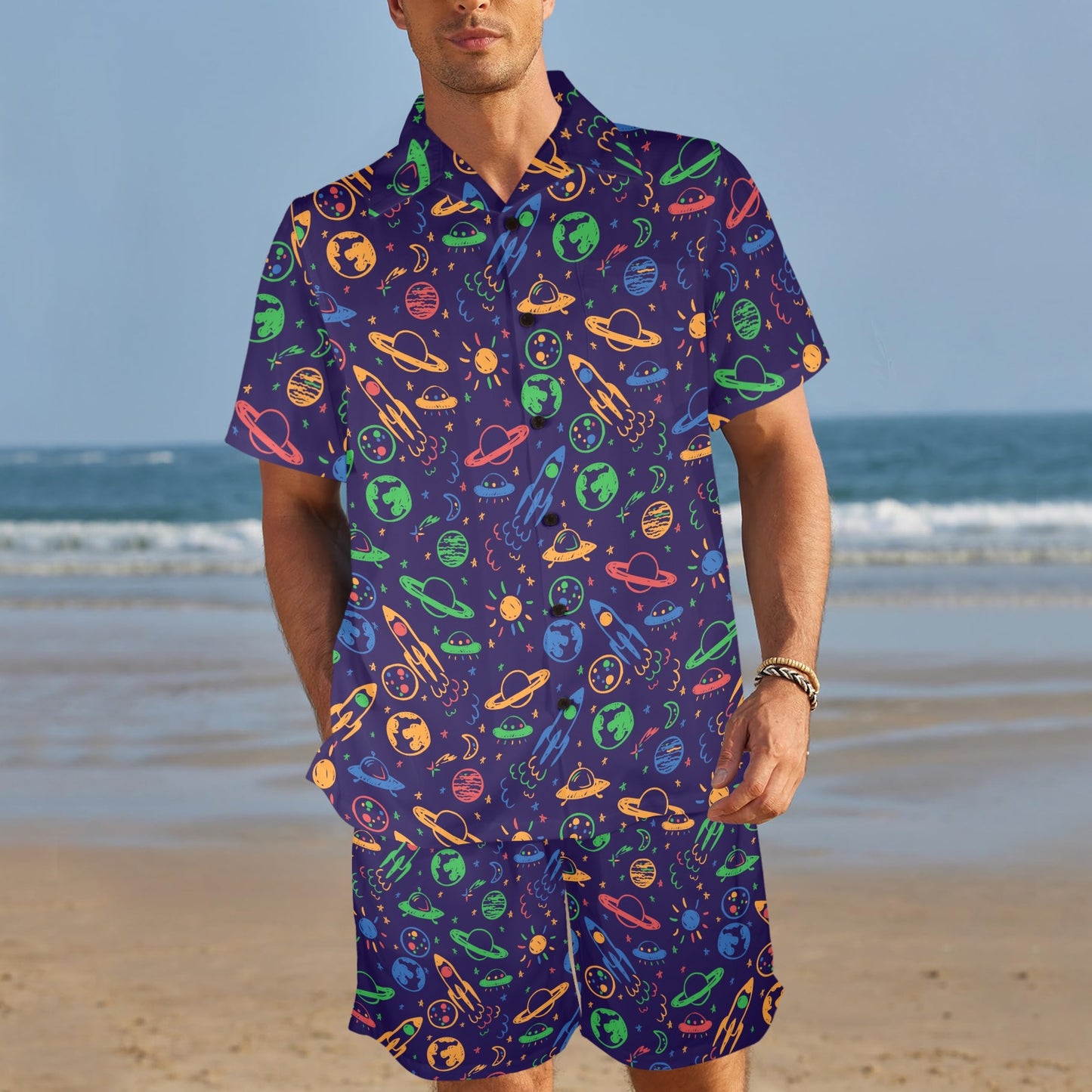 UFO Space Rocket Print Design LKS302 Men's Beach Shirt and Shorts Set