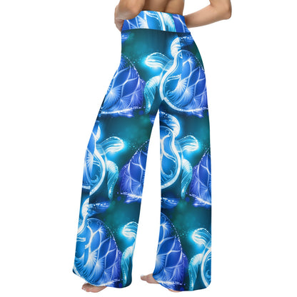 Blue Neon Sea Turtle Print Women's Wide Leg Lounge Pants