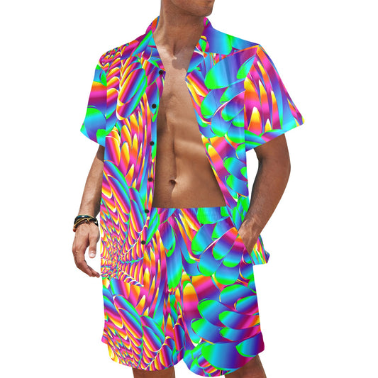 Psychedelic Trippy Pattern Men's Beach Shirt and Shorts Set