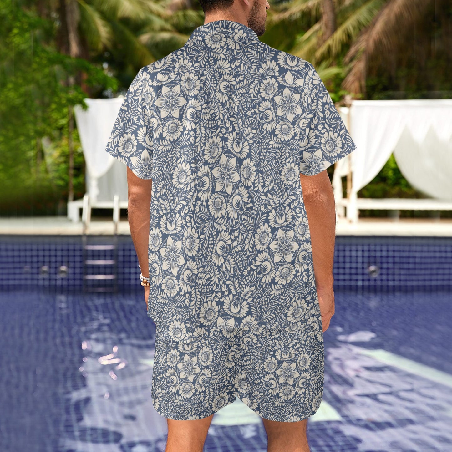 Elegant Floral Print Pattern Men's Beach Shirt and Shorts Set