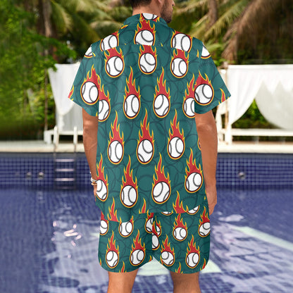 Baseball Fire Print Pattern Men's Beach Shirt and Shorts Set