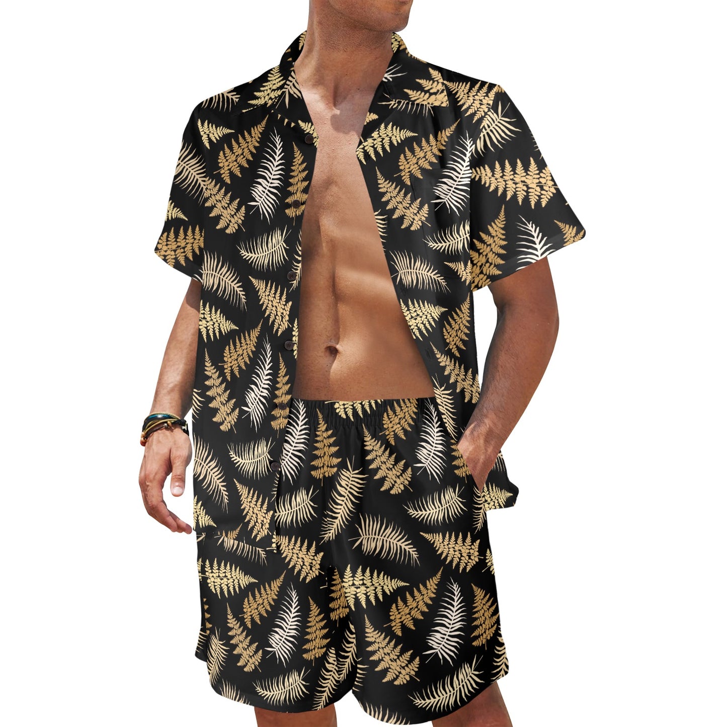 Fern Leave Bright Print Pattern Men's Beach Shirt and Shorts Set