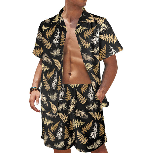 Fern Leave Bright Print Pattern Men's Beach Shirt and Shorts Set