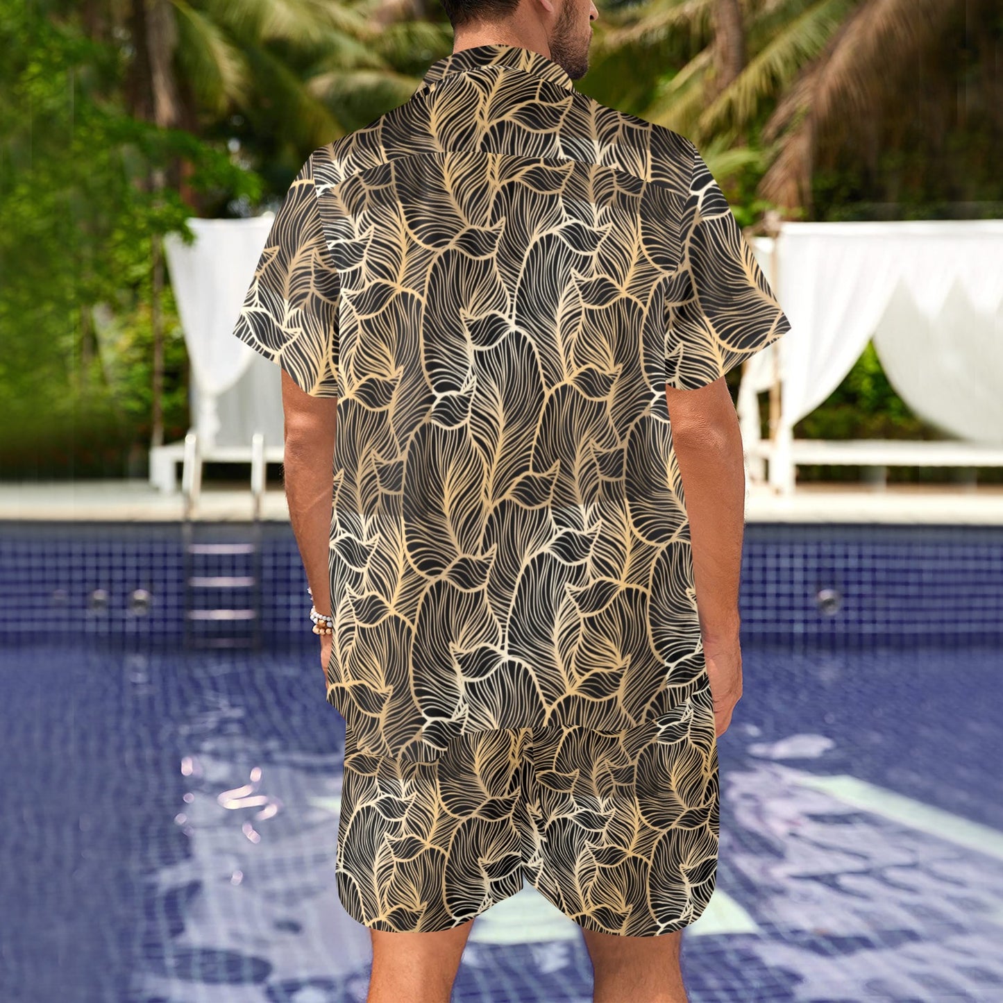 Elegant Gold leaf Print Men's Beach Shirt and Shorts Set
