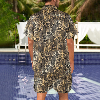Elegant Gold leaf Print Men's Beach Shirt and Shorts Set