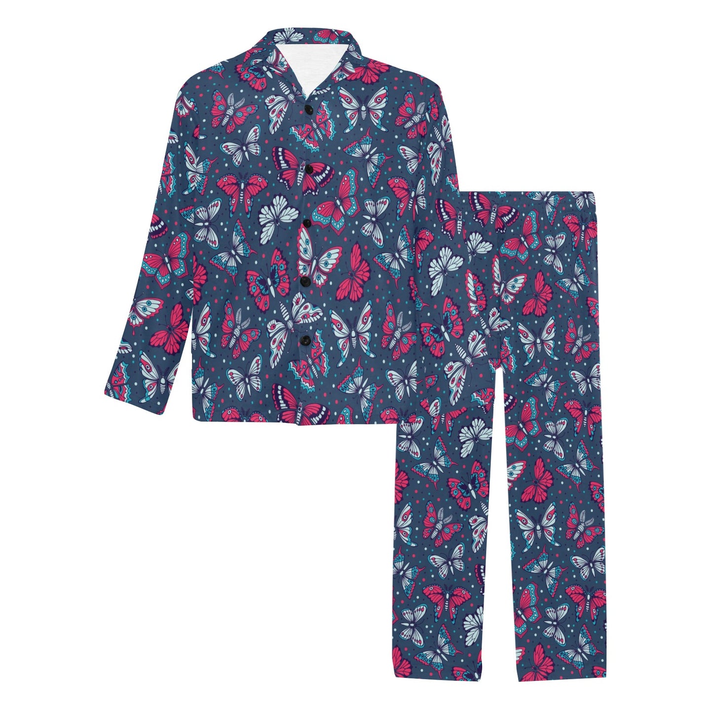 Butterfly Red Deep Blue Print Pattern Men's Long Pajama Set