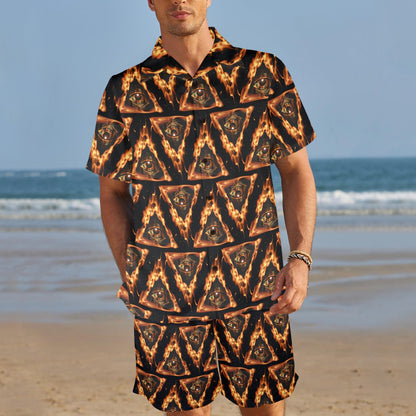 Eye of Horus in Flame Print Men's Beach Shirt and Shorts Set