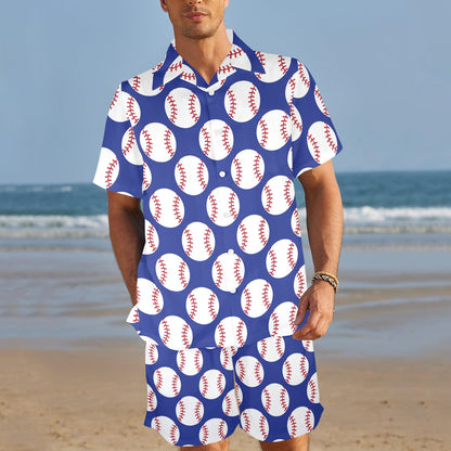 Baseball Blue Background Men's Beach Shirt and Shorts Set