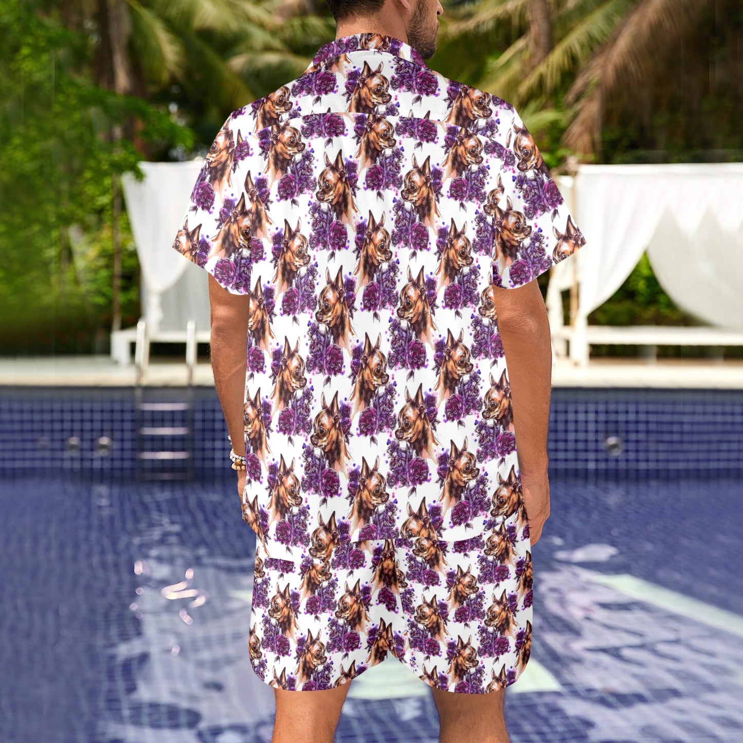 Chihuahua Purple Floral Men's Beach Shirt and Shorts Set