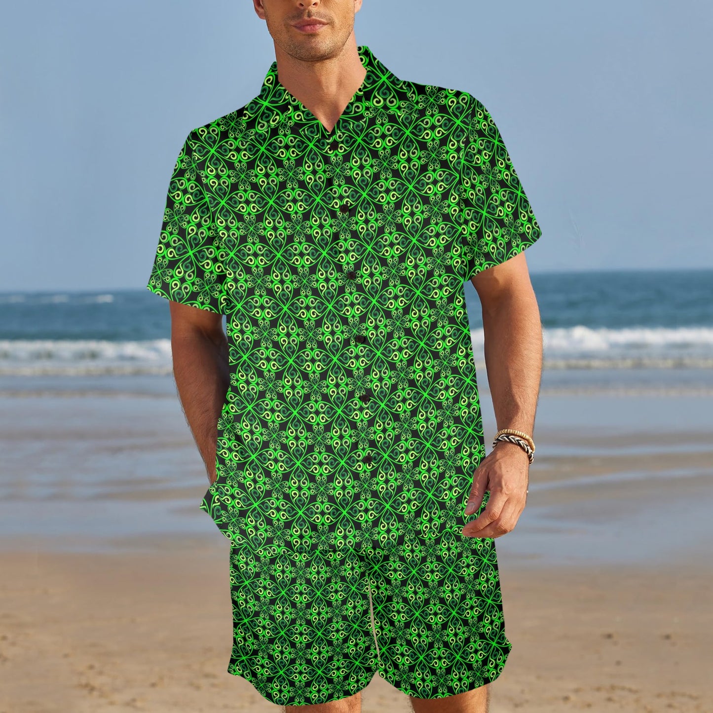 Celtic Green Neon Design Men's Beach Shirt and Shorts Set