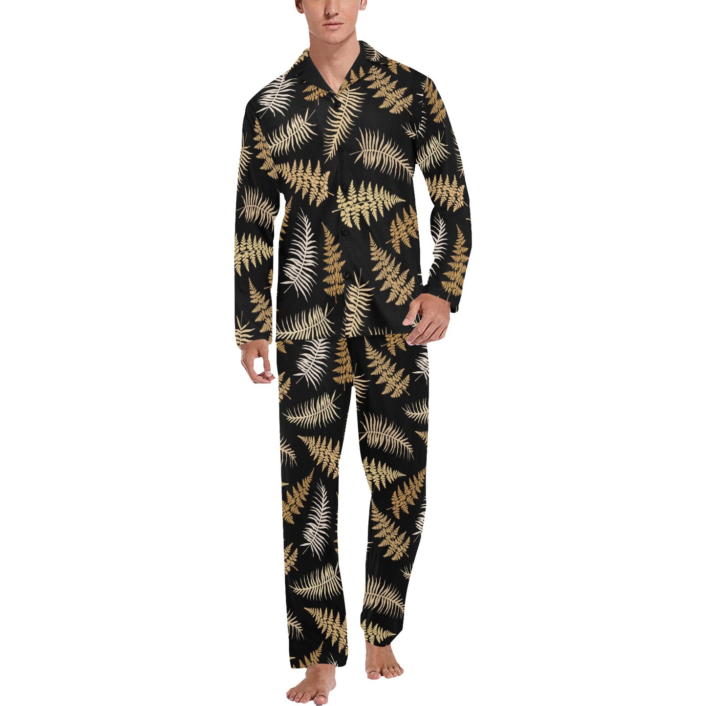 Fern Leave Bright Print Pattern Men's Long Pajama Set