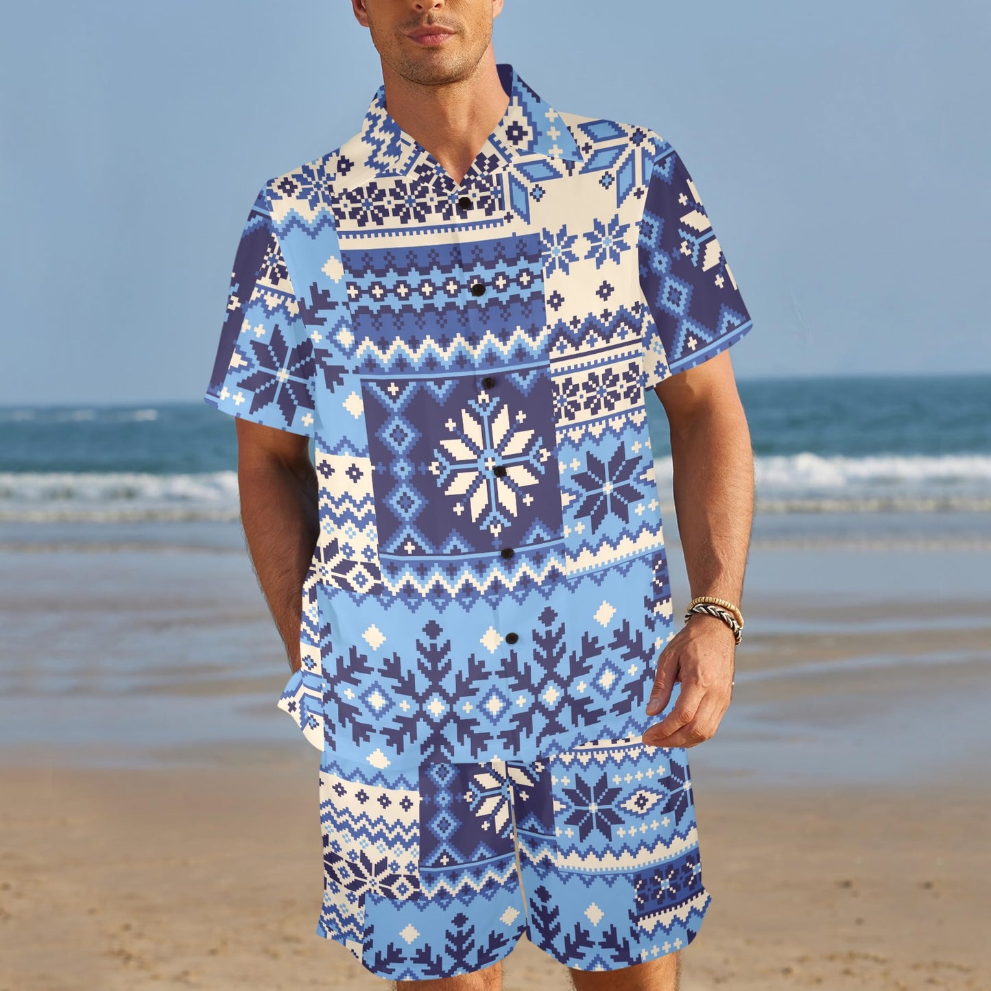 Nordic Pattern Print Design A04 Men's Beach Shirt and Shorts Set