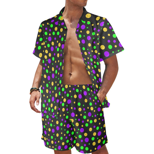 Mardi Gras Pattern Print Design 07 Men's Beach Shirt and Shorts Set