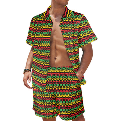 Rasta Reggae Color Themed Men's Beach Shirt and Shorts Set