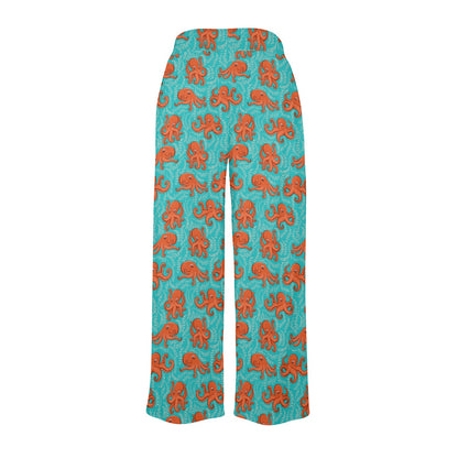 Octopus Cartoon Design Print Themed Women's Wide Leg Lounge Pants