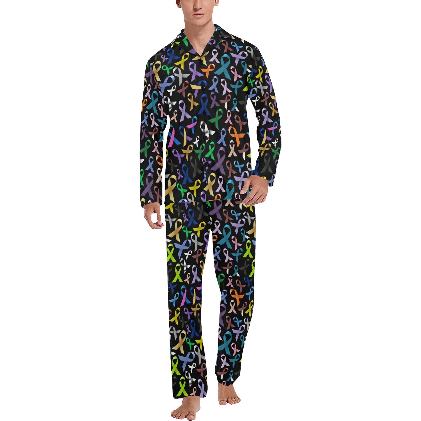 Breast Cancer Awareness Colorful Print Men's Long Pajama Set