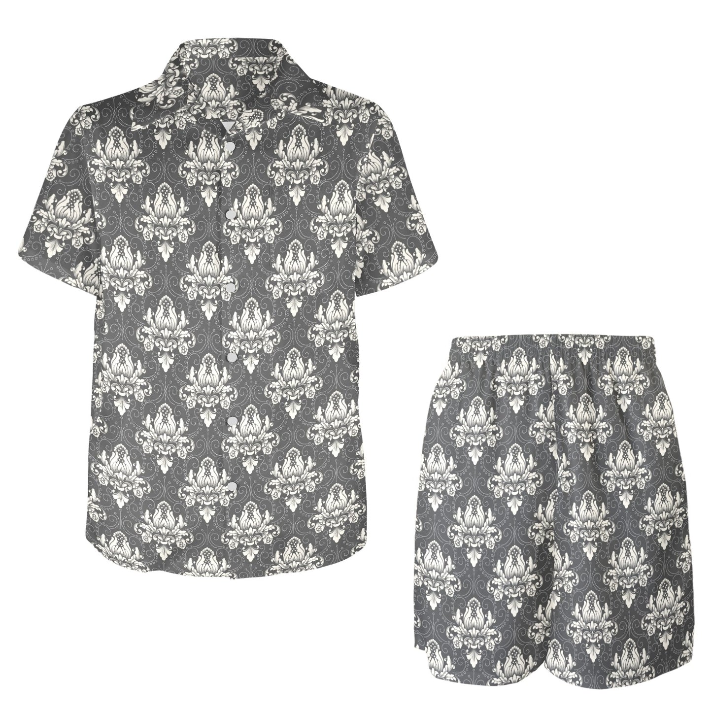 damask gray Design Print Pattern JJ056 Men's Beach Shirt and Shorts Set