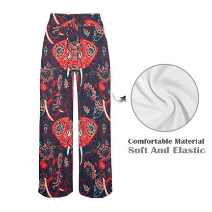 Red Indian Elephant Pattern Women's Wide Leg Lounge Pants