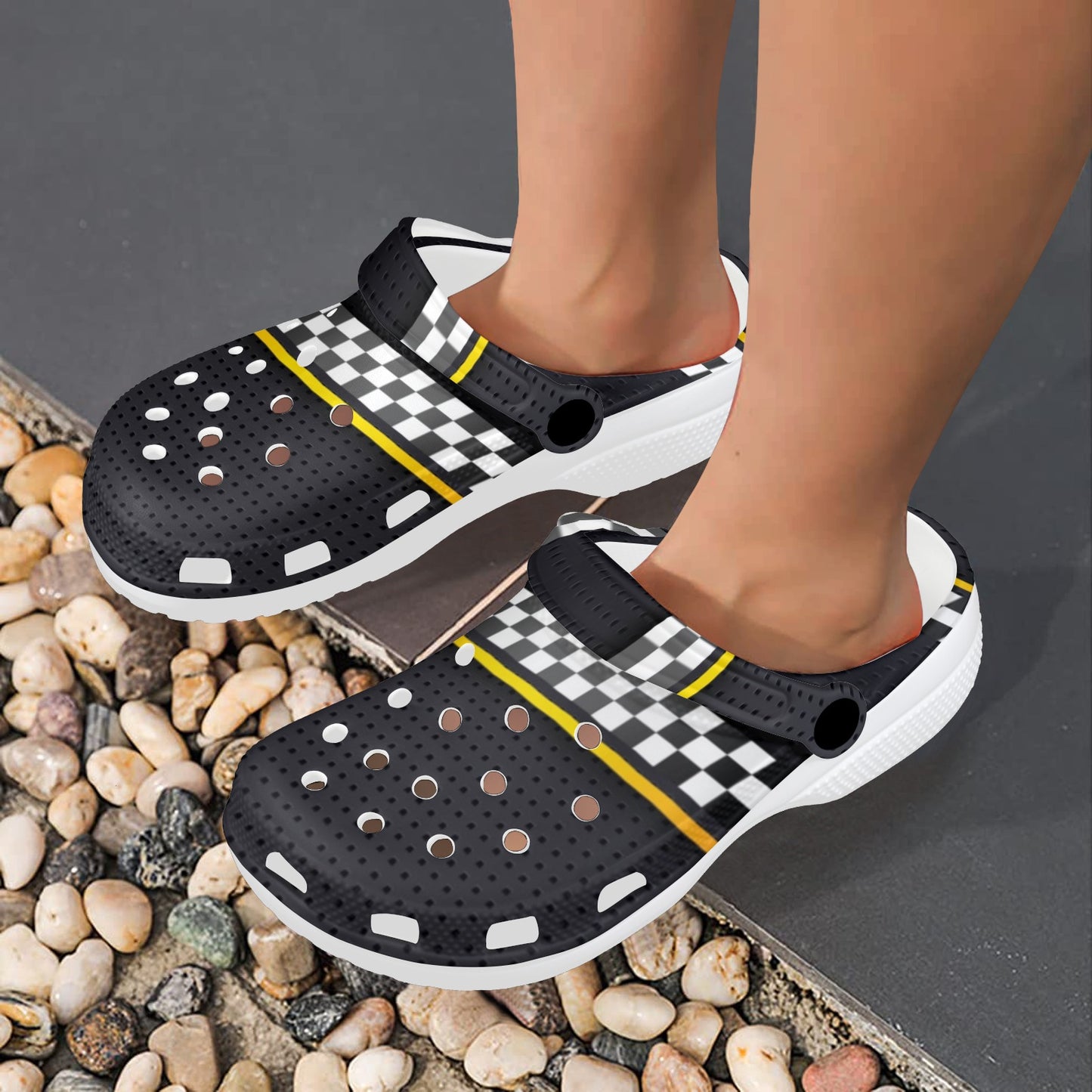 Checkered Flag Yellow Line Style Unisex Clogs Shoes