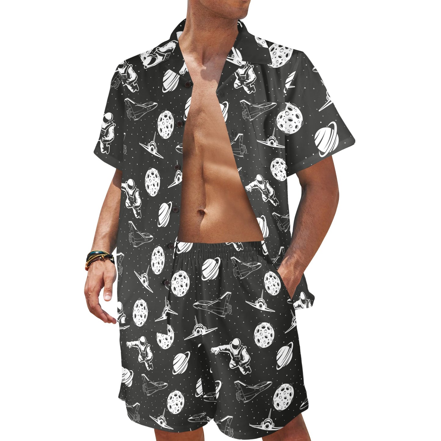 Space Astronauts Print Men's Beach Shirt and Shorts Set