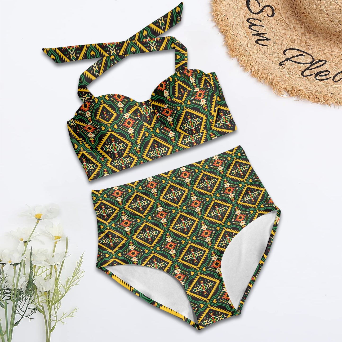 Kente Green Design African Print Halter Neck Bikini Swimsuit