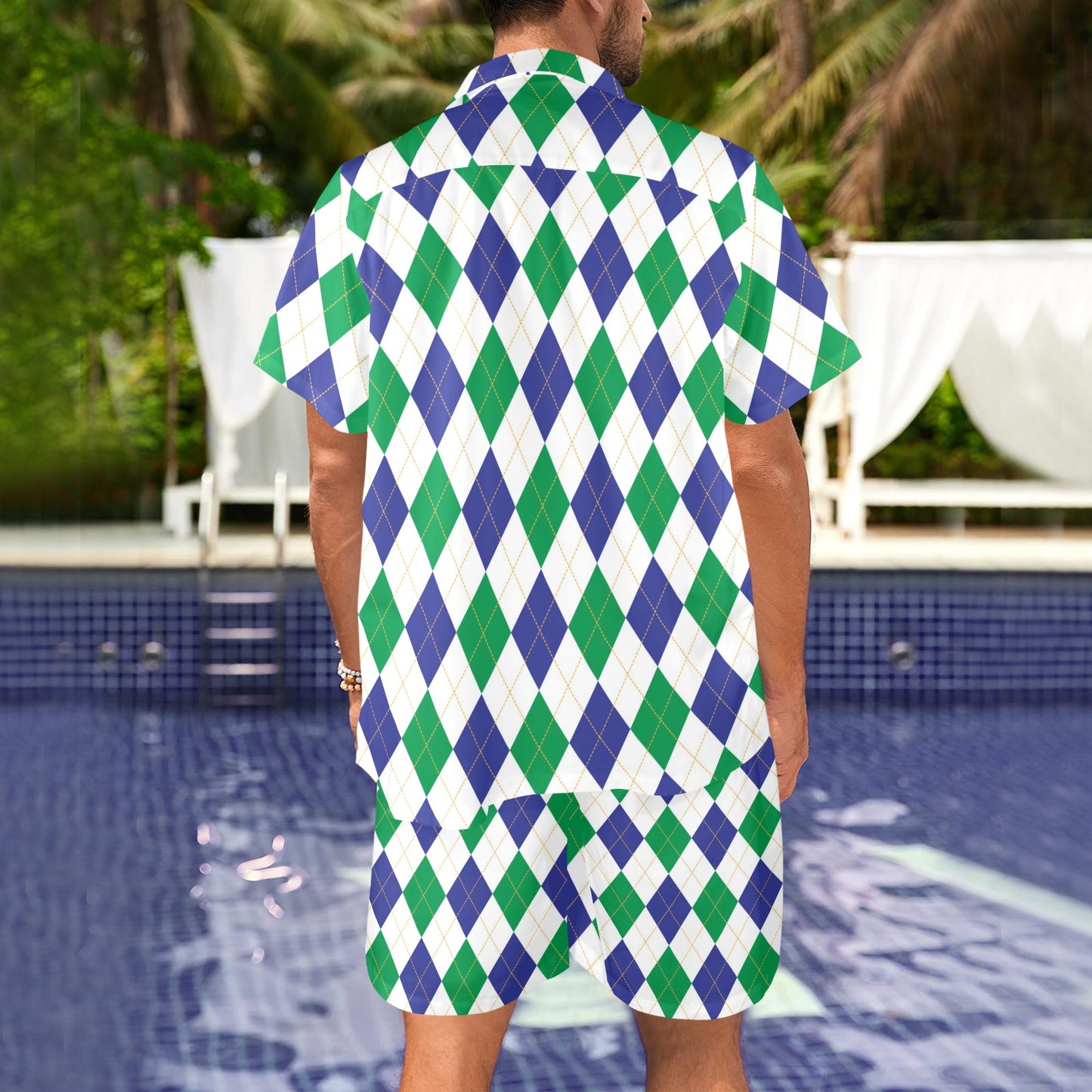 Argyle Green Blue Pattern Print Design 03 Men's Beach Shirt and Shorts Set