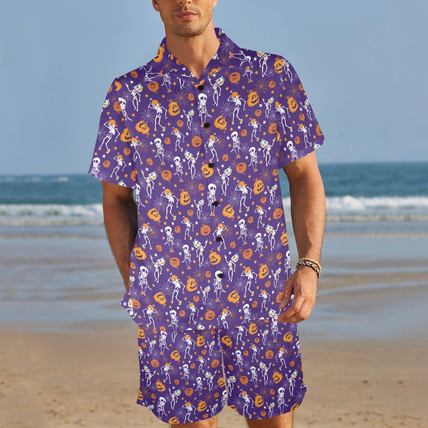 Skeleton Halloween Dance Print Design LKS304 Men's Beach Shirt and Shorts Set