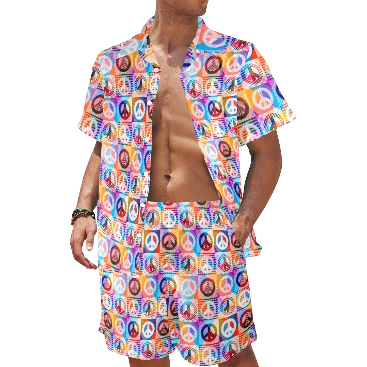 Peace Sign Patchwork Design Print Men's Beach Shirt and Shorts Set