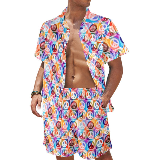 Peace Sign Patchwork Design Print Men's Beach Shirt and Shorts Set