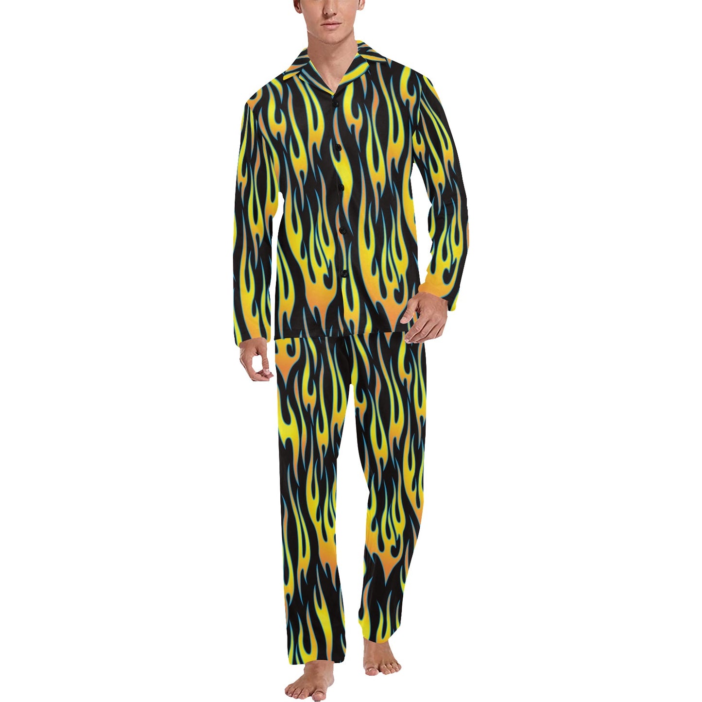 Flame Fire Yellow Pattern Men's Long Pajama Set
