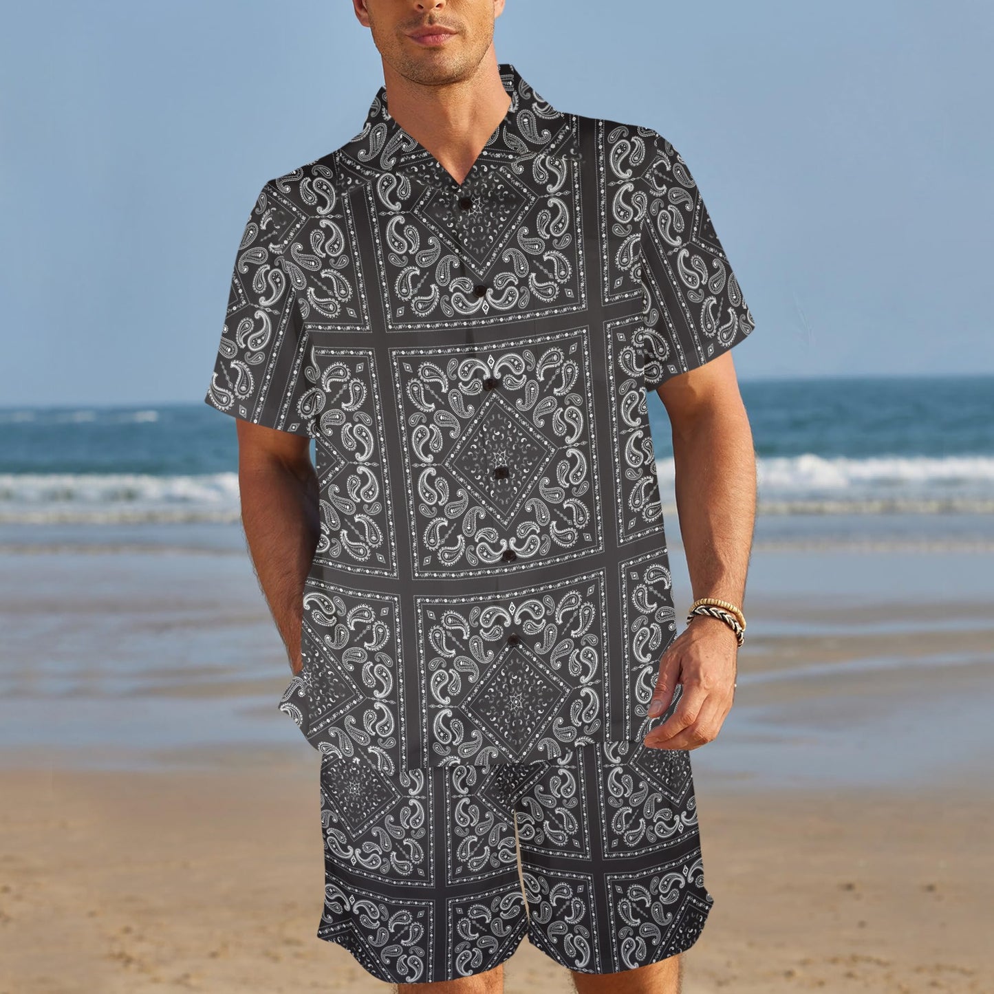 Bandana Black White Print Design LKS302 Men's Beach Shirt and Shorts Set