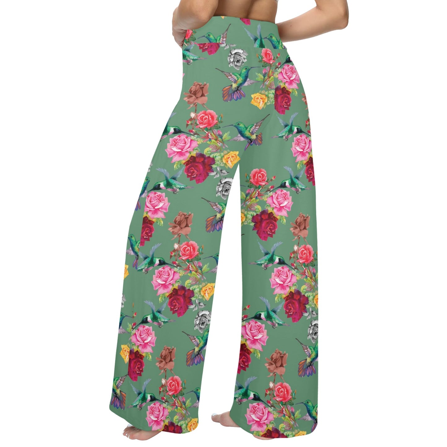 Hummingbird with Rose Themed Print Women's Wide Leg Lounge Pants