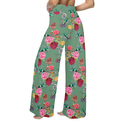 Hummingbird with Rose Themed Print Women's Wide Leg Lounge Pants