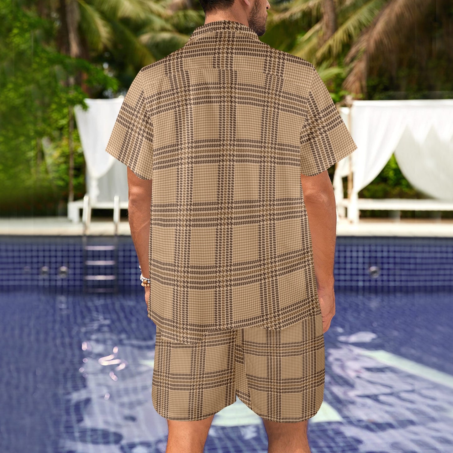 Houndstooth Brown Pattern Print Design 04 Men's Beach Shirt and Shorts Set