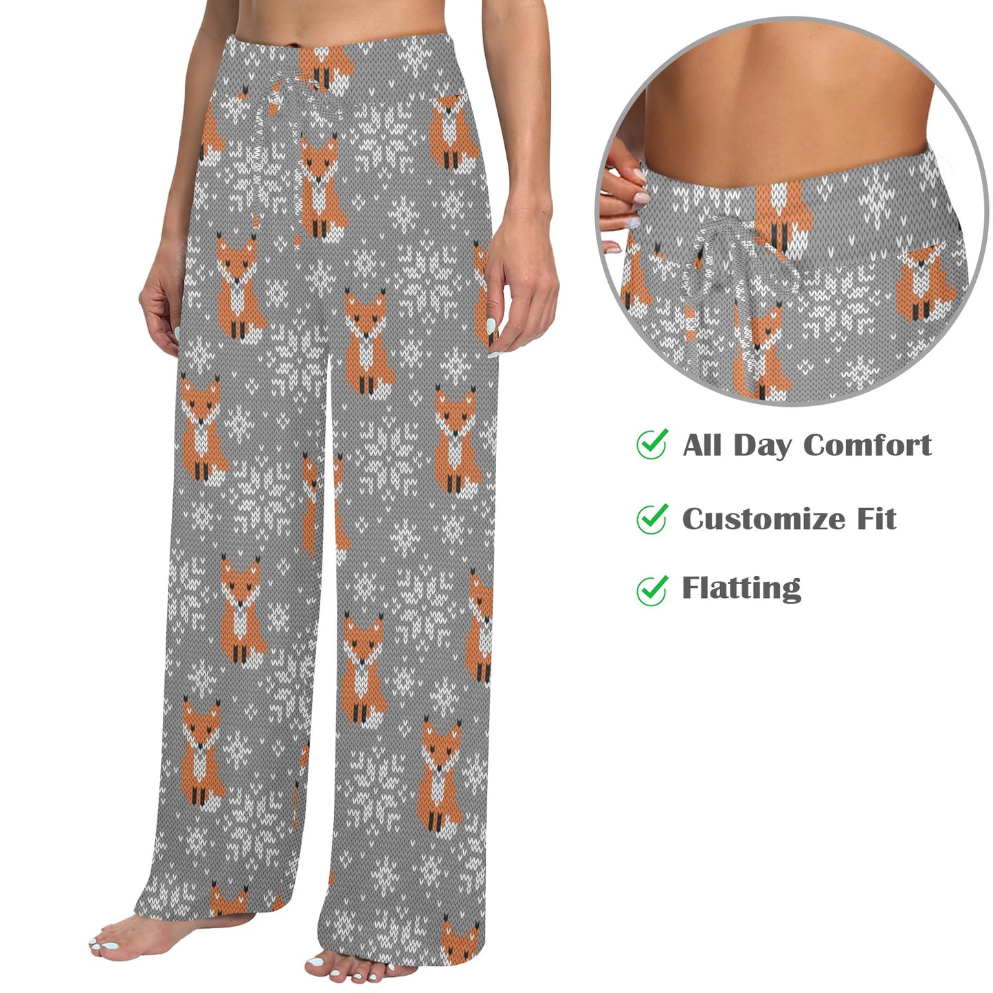 Knit Red Fox Pattern Print Design 02 Women's Wide Leg Lounge Pants