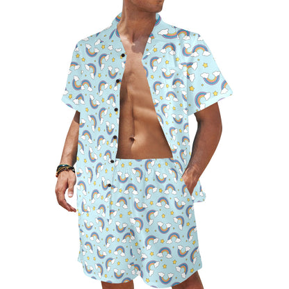 Rainbow Cloud Print Pattern Men's Beach Shirt and Shorts Set