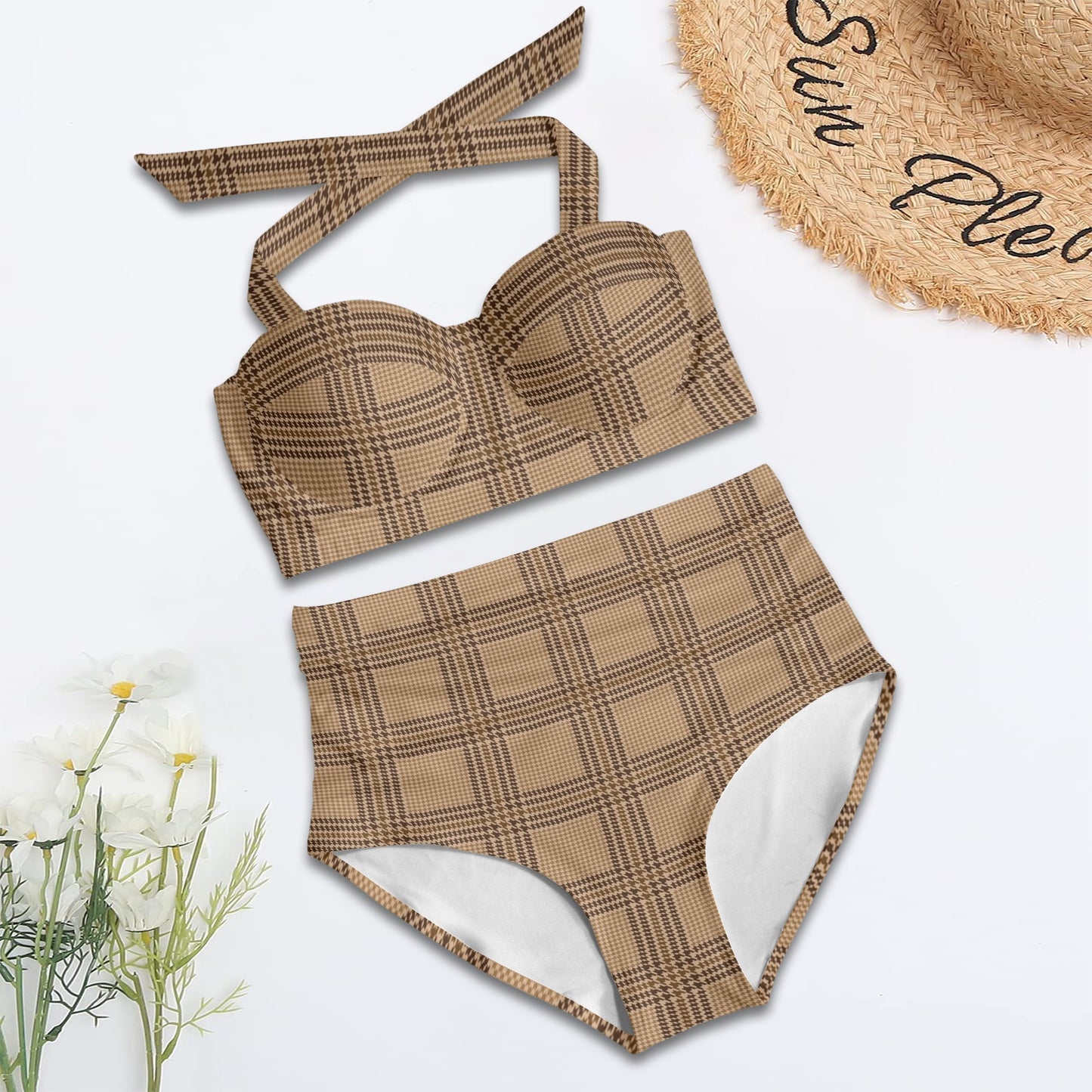 Houndstooth Brown Pattern Print Design 04 Halter Neck Bikini Swimsuit