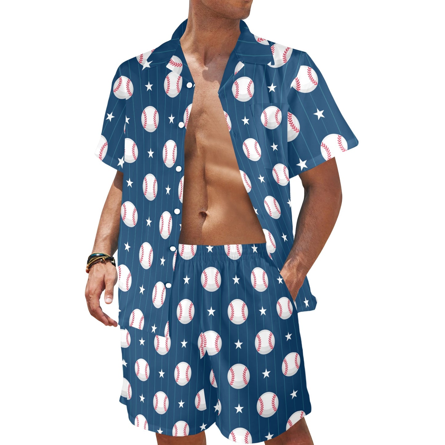 Baseball Star Print Pattern Men's Beach Shirt and Shorts Set