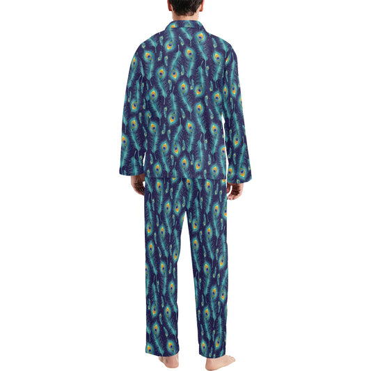 Peacock Feather Blue Design Print Men's Long Pajama Set